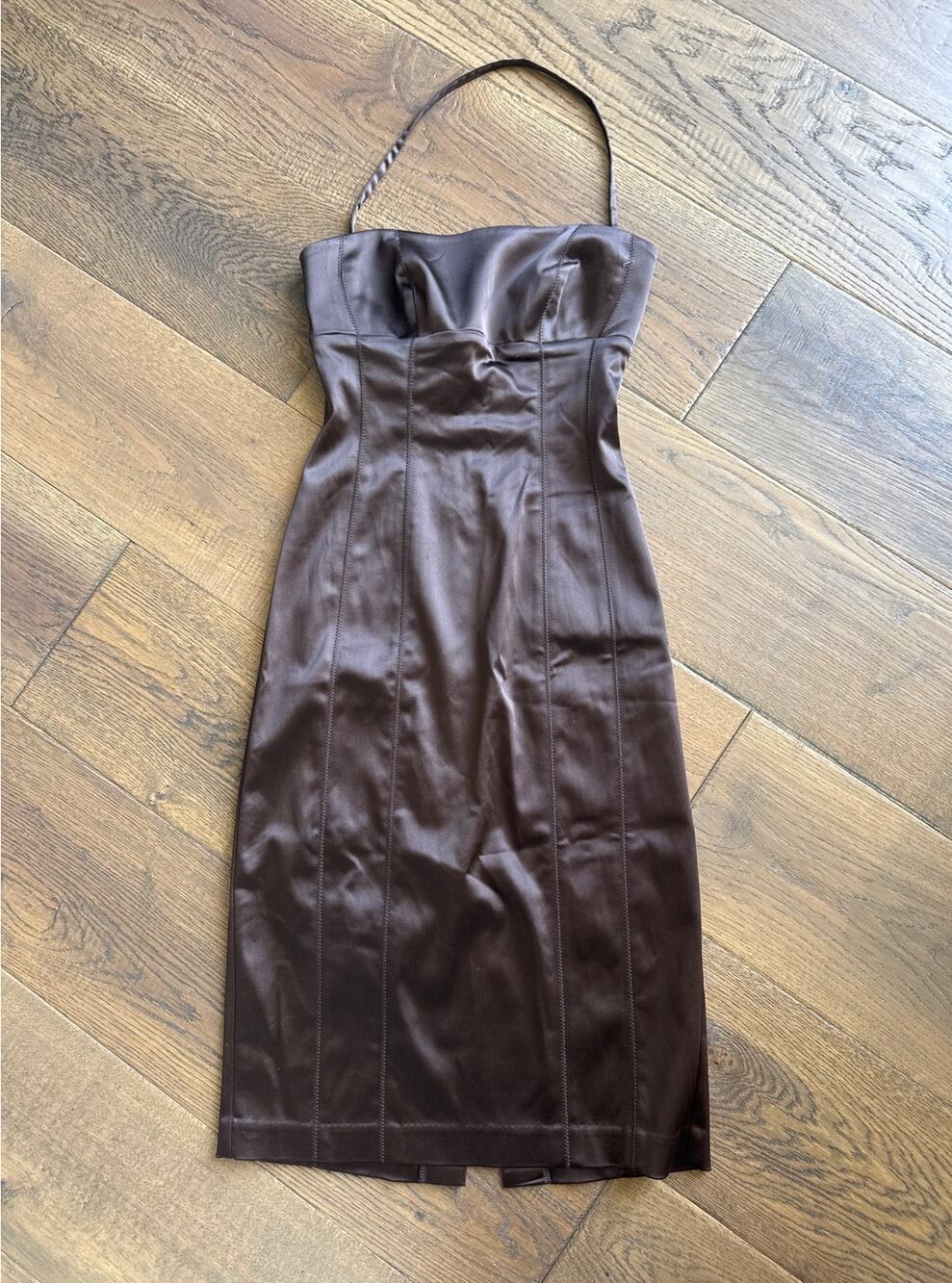 bebe Vintage Y2K Satin Halter Sheath Bodycon Corset Midi Dress Brown Women S